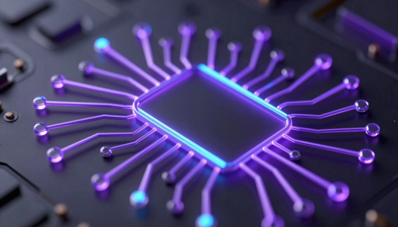 Macro close-up of a glowing neon violet circuit board tracing lines through dark frosted glass, sleek 3D render, dark obsidian background