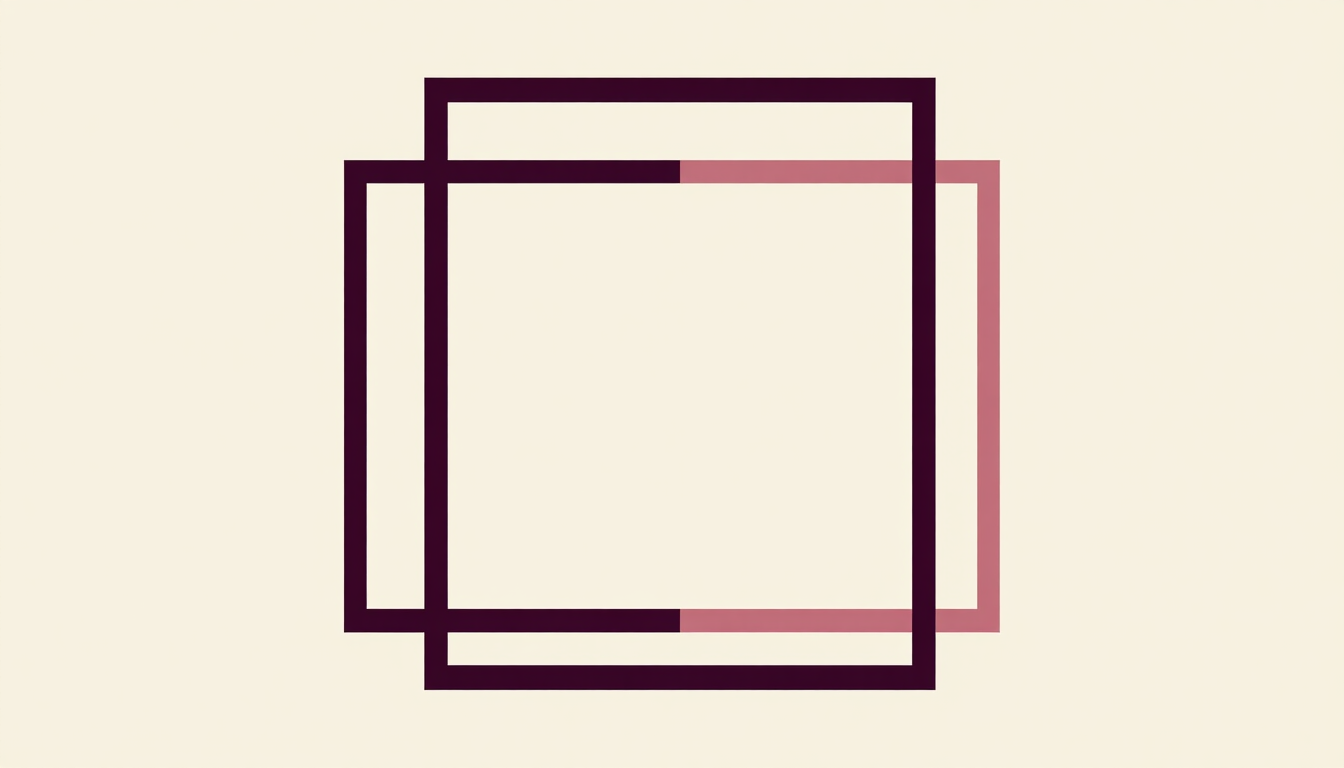 Minimalist flat vector illustration of three interlocking geometric frames in deep plum and dusty rose on a warm cream background, clean editorial lines, sophisticated abstract art.