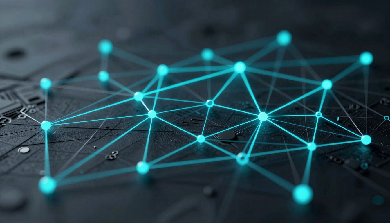 Abstract 3D render of a glowing cyan data stream mapping a network grid, dark obsidian background, sharp technical lines, macro focus