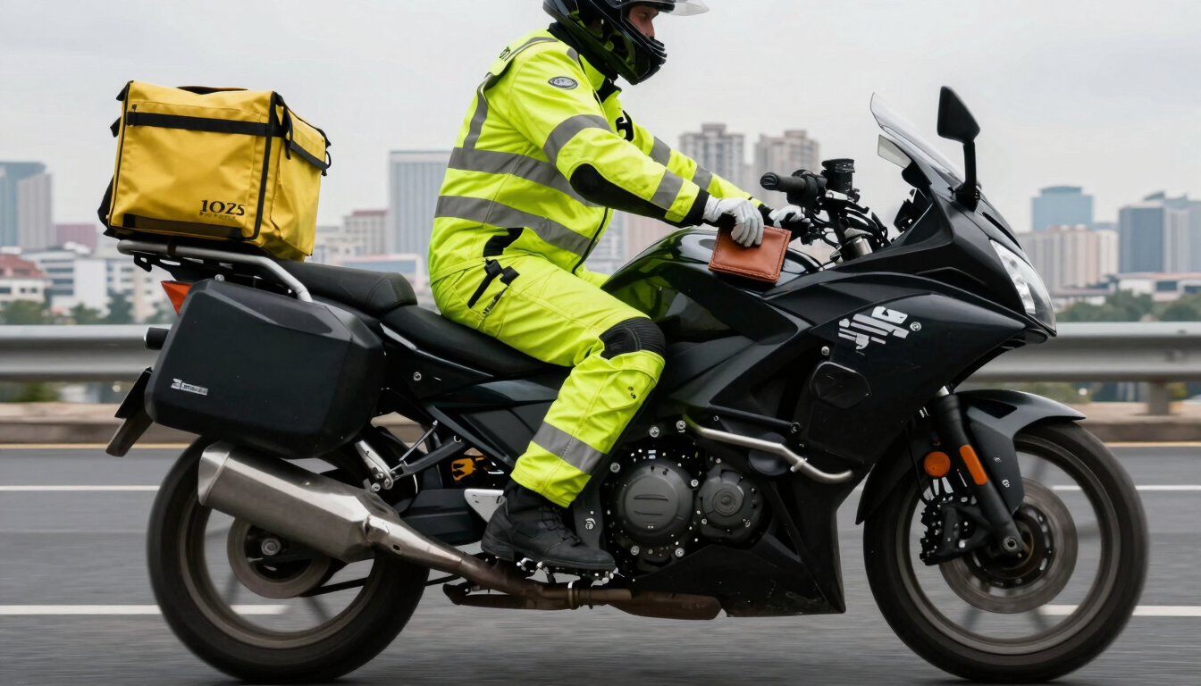Low-angle dynamic shot of a professional motorcycle courier wearing high-visibility gear, securing a leather document pouch onto a modern black motorcycle. High contrast urban lighting, overcast daylight, Ataşehir skyline blurred in the background.