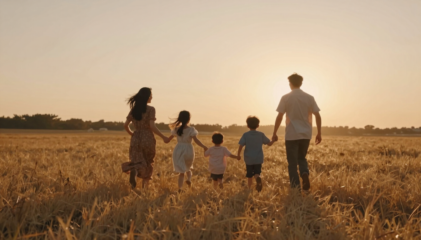 A cinematic wide shot of a family running through a golden field at sunset, backlit, warm sun-drenched environment, soft natural light.