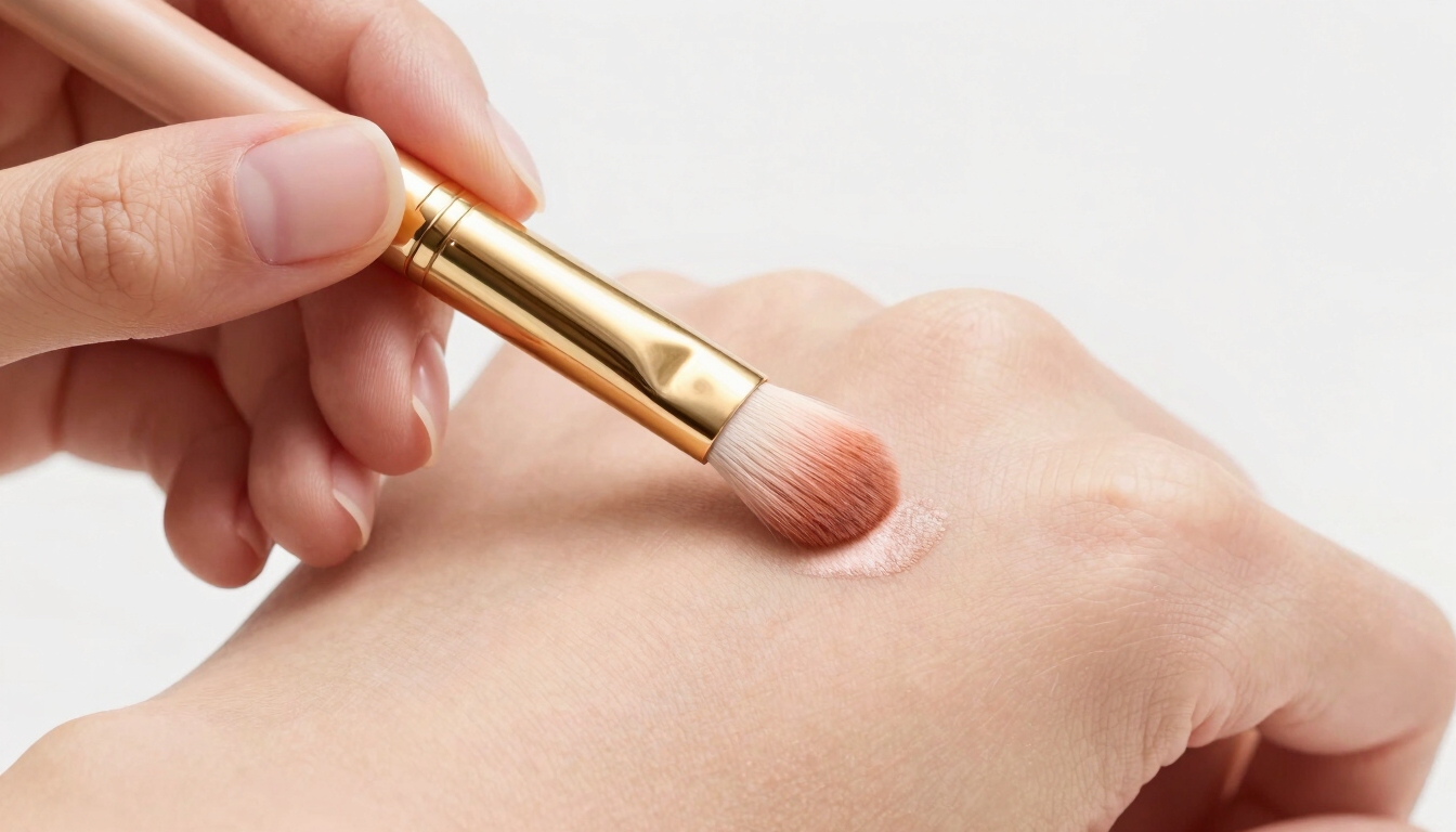 Macro close-up of a beauty application, flawless skin texture, delicate hand using a gold brush to apply highlighter on a cheekbone, soft studio lighting, clean white background