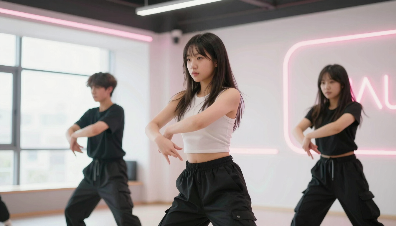 Dynamic vertical portrait of a student practicing a synchronized dance routine in a bright, modern Seoul studio with soft pink neon accents, sharp focus, 35mm