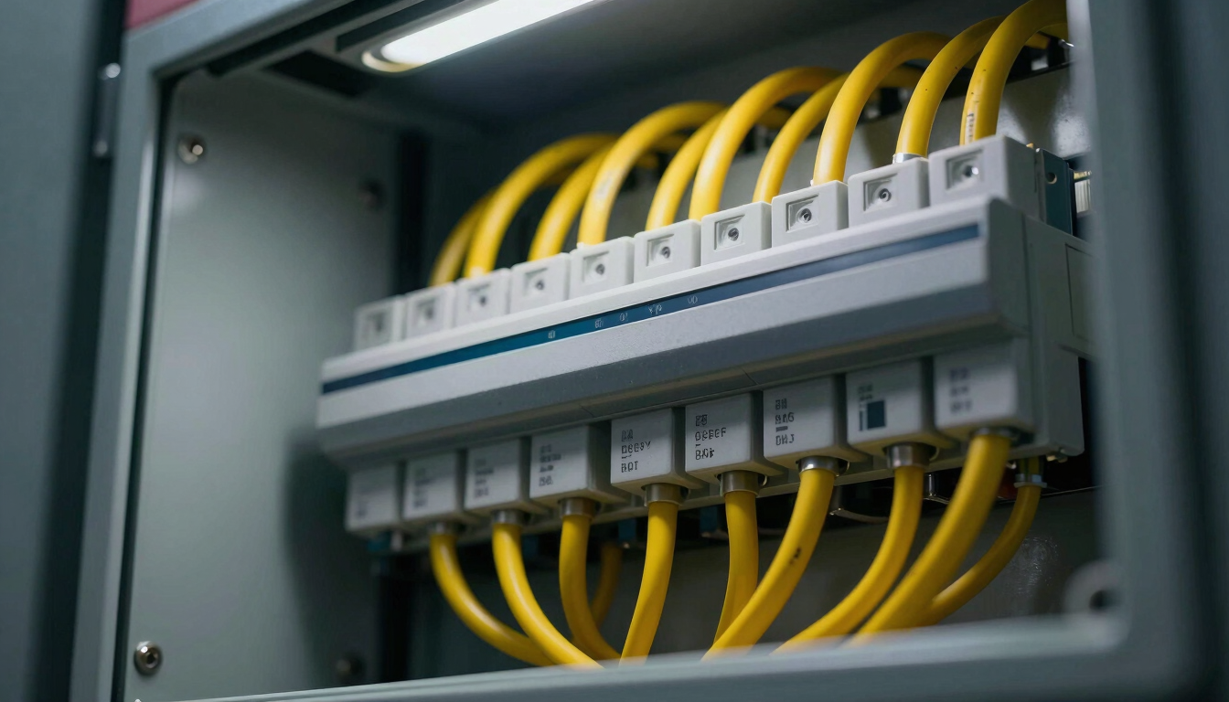 Macro detail shot of an immaculate, perfectly organized electrical panel with clean yellow cable management, dramatic architectural lighting, 35mm