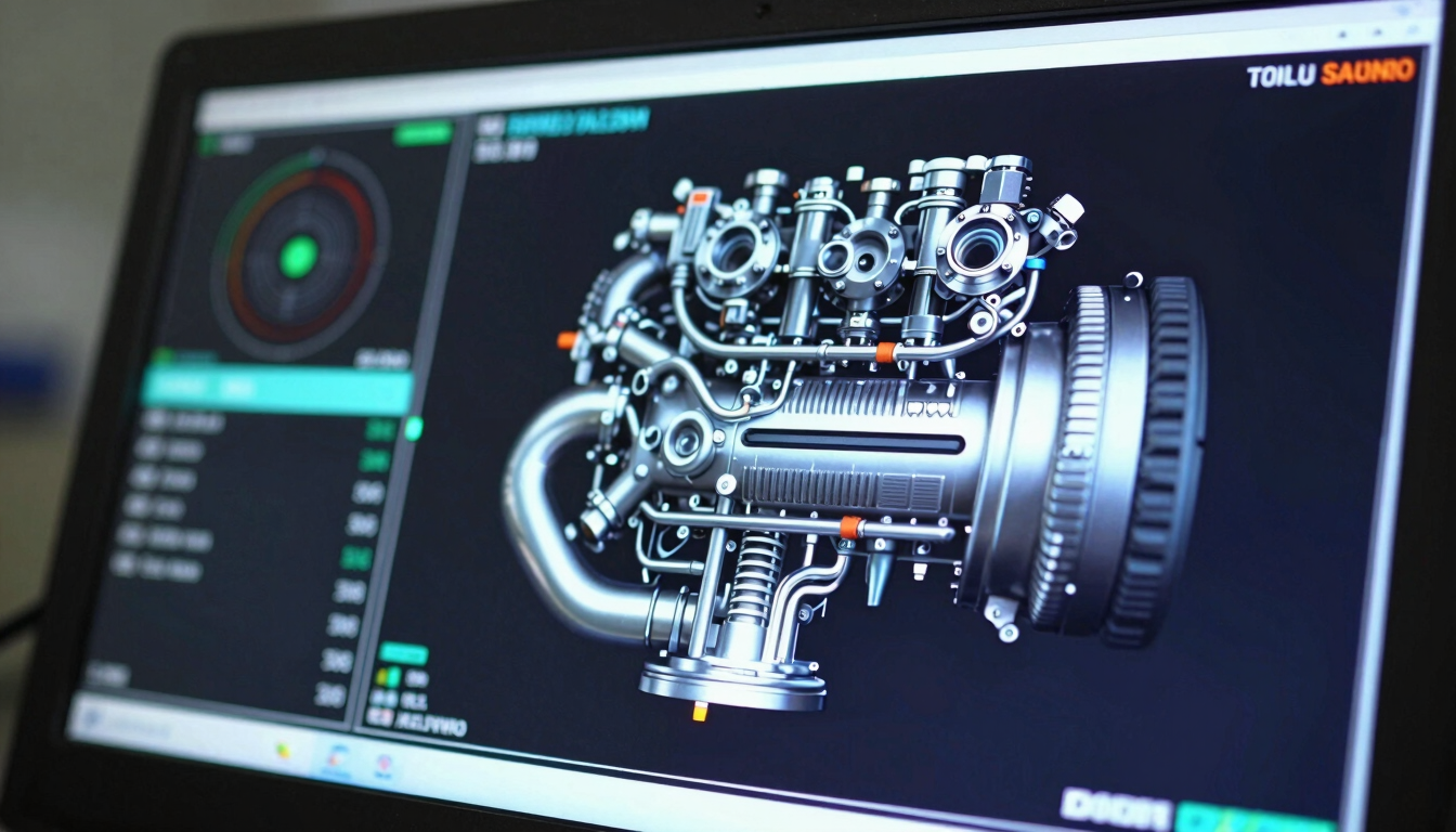 Macro close-up of a high-resolution diagnostic screen displaying live engine telemetry data, cool LED illumination, crisp details.