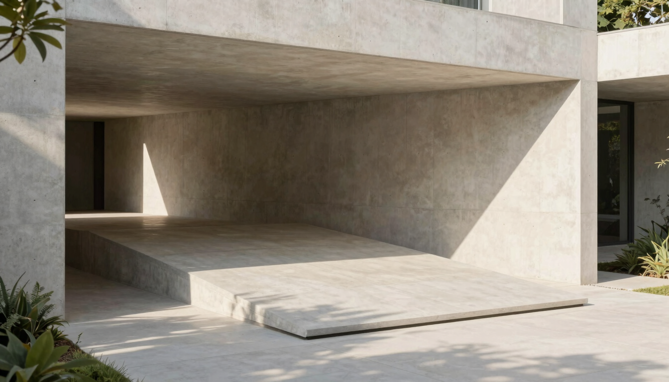 Elegant modern ramp integrated into a landscaped garden entrance, warm natural light, soft shadows, minimalist concrete architecture