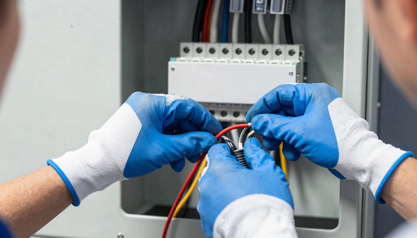 Close-up of hands in work gloves precisely wiring a modern electrical panel, bright daylight, clean tools, professional photography