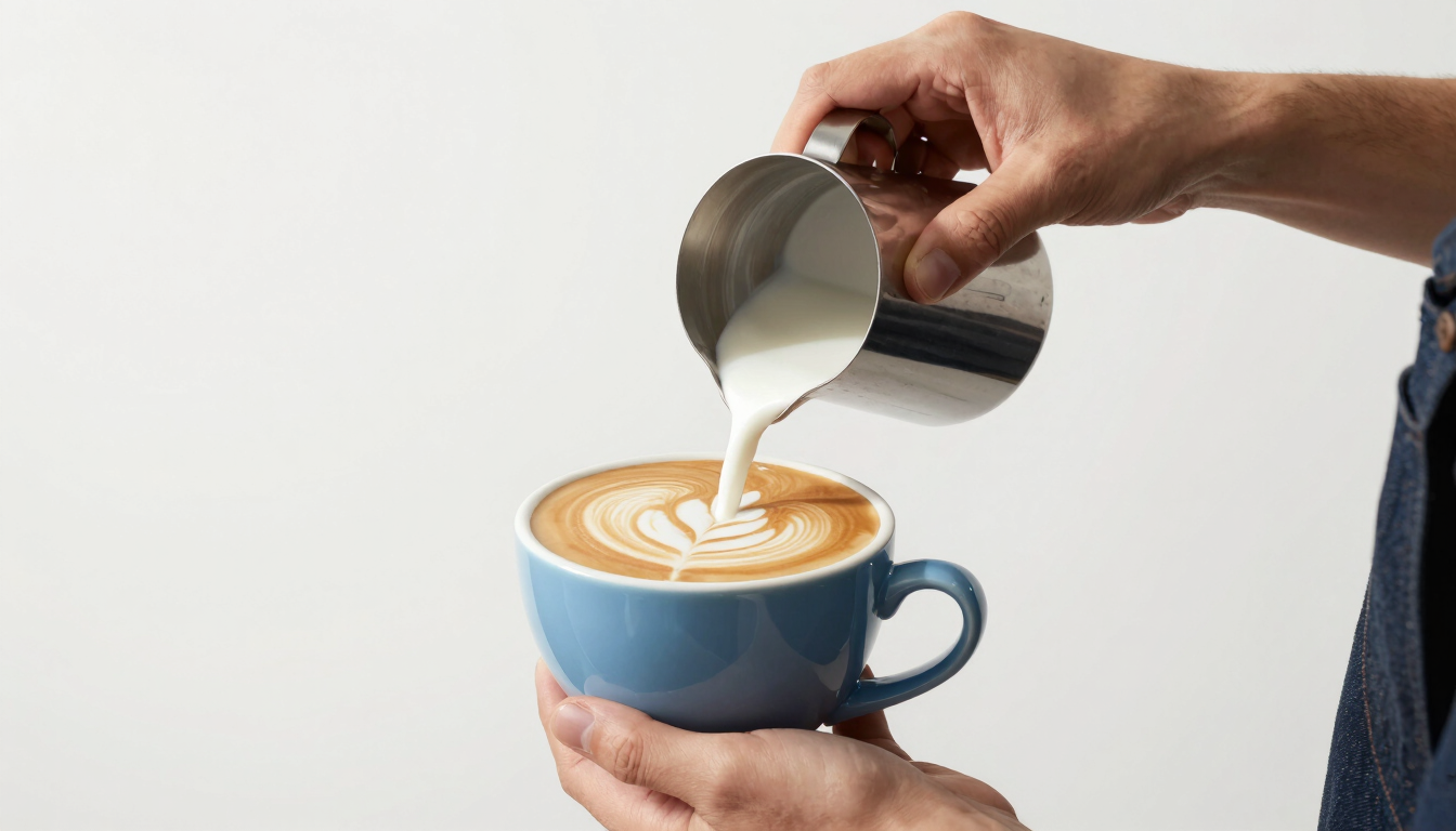 Close-up of a barista hand pouring steamed milk into a minimalist blue ceramic cup, creating crisp latte art, bright white studio setting