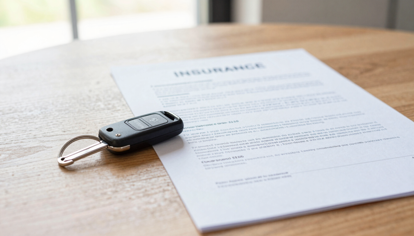 A close-up of car keys resting on a clean wooden table next to a signed insurance policy document, bright natural daylight.
