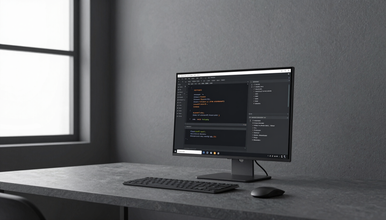 A technical creator in a minimal studio focused on a code editor, soft cool daylight from a window, slate gray tones, clean composition, 35mm