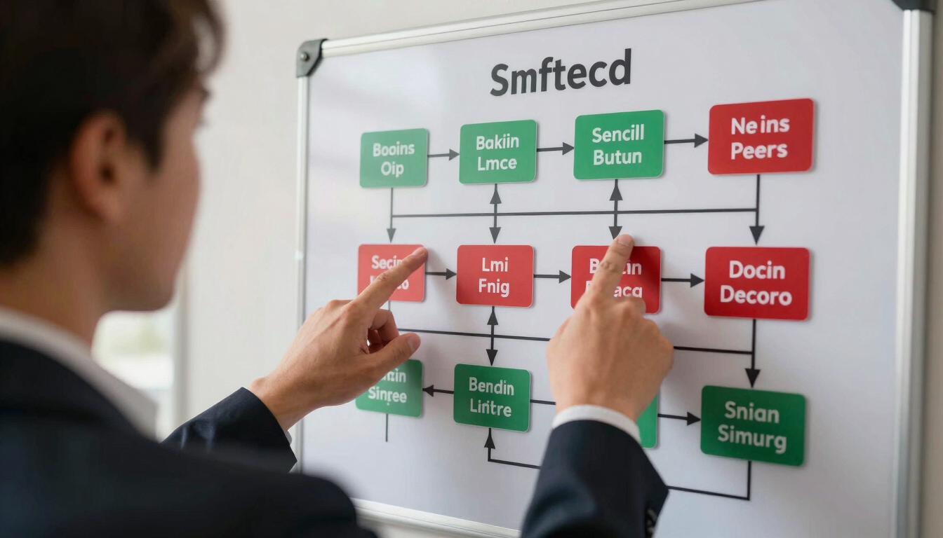 Over-the-shoulder shot of hands pointing to an operational workflow map on a physical board, natural side-light, sharp focus, 35mm.