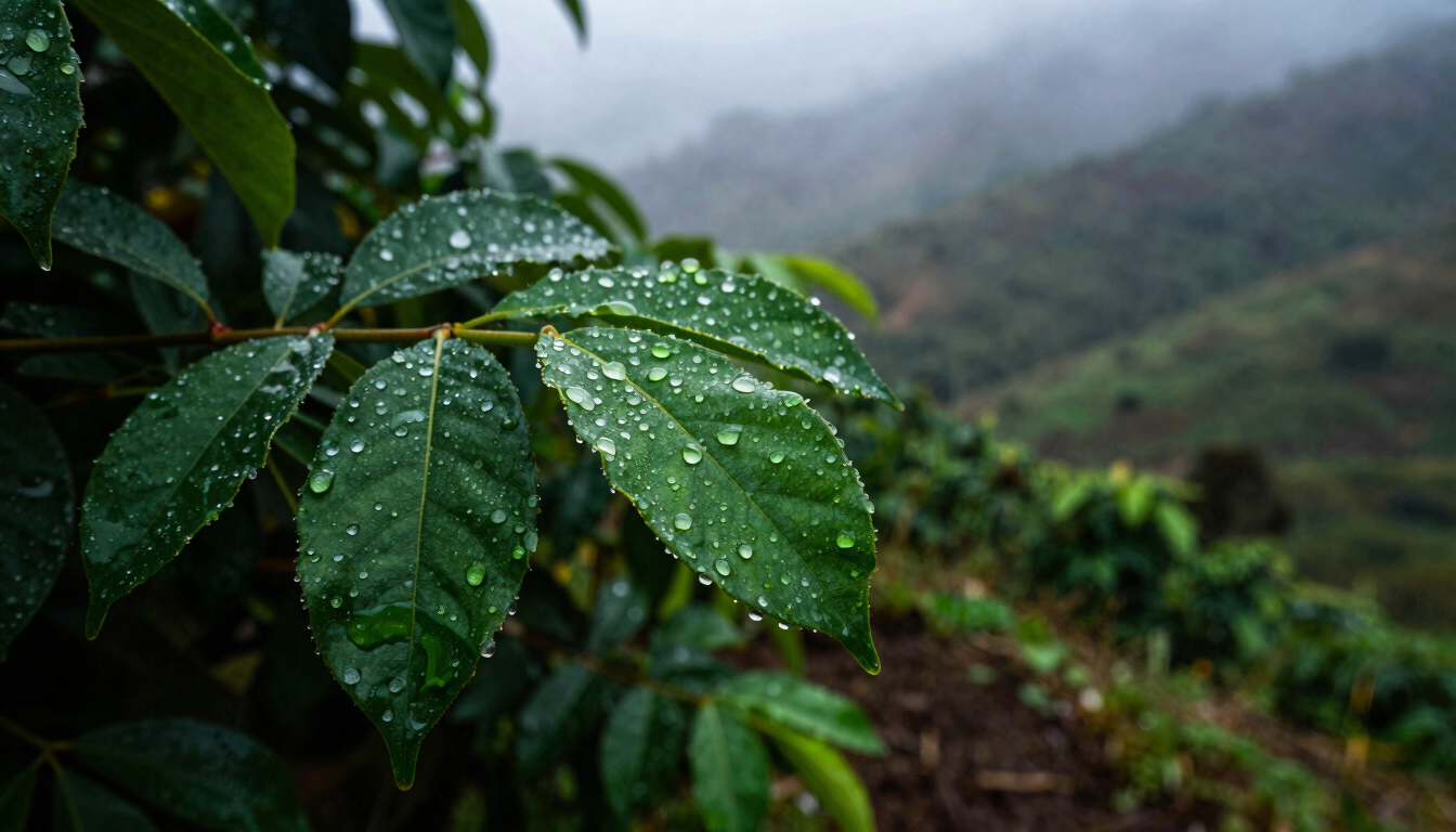 Macro close-up of dew-covered organic leaves in the early morning mountain light of Mérida, rich green tones, high contrast, 35mm lens