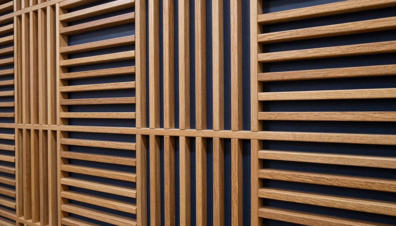 Close-up architectural photograph of perfectly aligned acoustic slat wood panels on a boardroom wall, highlighting clean joints and warm wood tones against deep navy shadows.