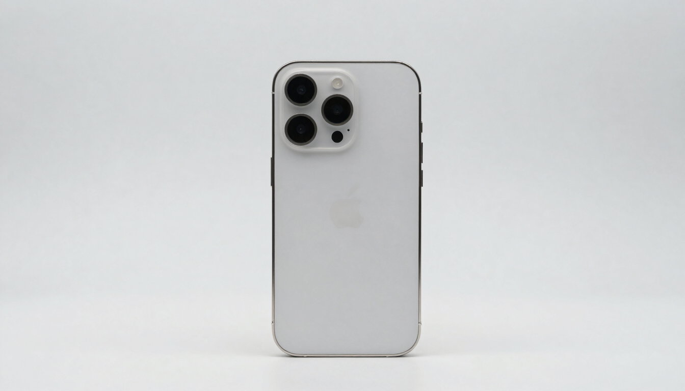 Straight-on medium shot of a brand new iPhone 17 Pro Max isolated on a clean, neutral light grey background. Bright, even studio lighting with minimal shadows, sharp focus, 50mm.