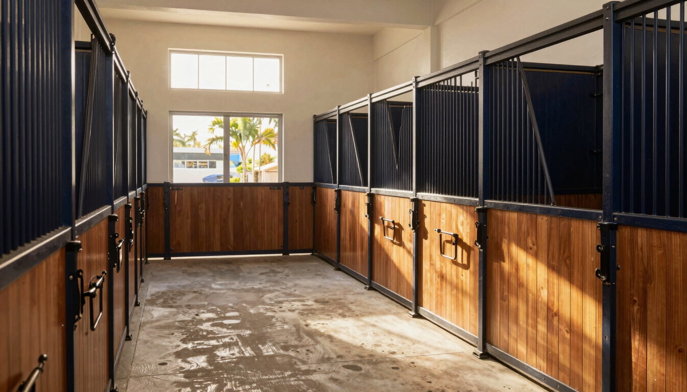 Architectural detail of a high-end luxury stable in Palm Beach, polished wood stalls, clean concrete aisle, soft morning light streaming through windows.