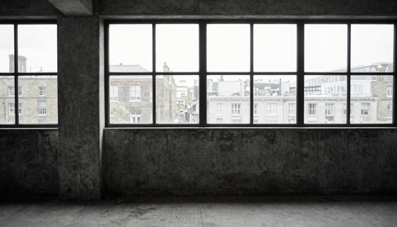 A quiet, high-contrast portrait of an empty concrete workspace in East London, overcast daylight pouring through a large steel-framed window, desaturated desaturated tones, 35mm film.