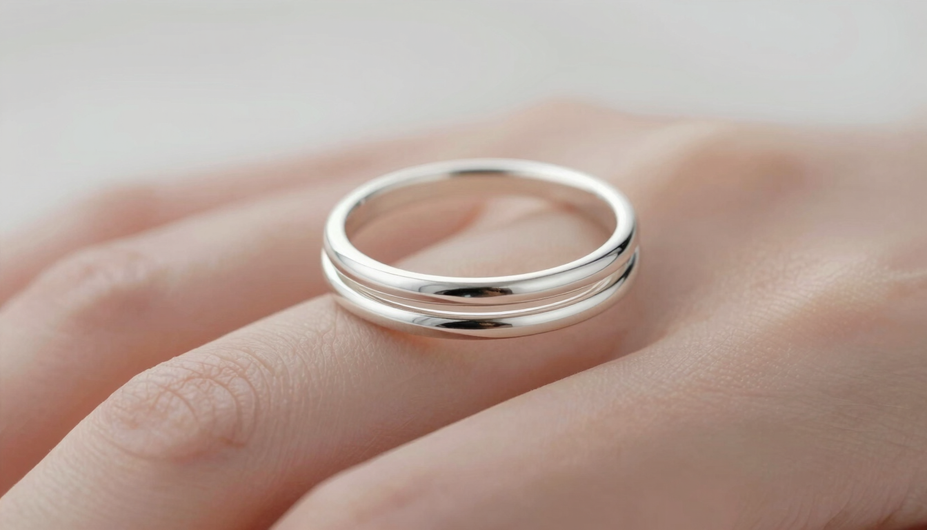 Close-up of three minimalist silver rings stacked on a model's finger, soft diffused daylight, elegant and clean composition