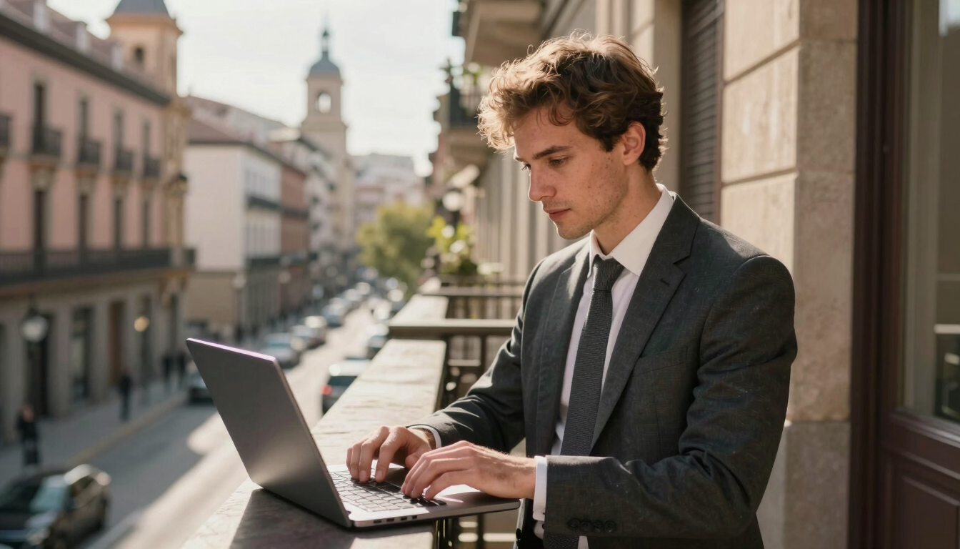 A young professional working on a laptop on a sunlit balcony overlooking a historic Madrid street, warm morning light