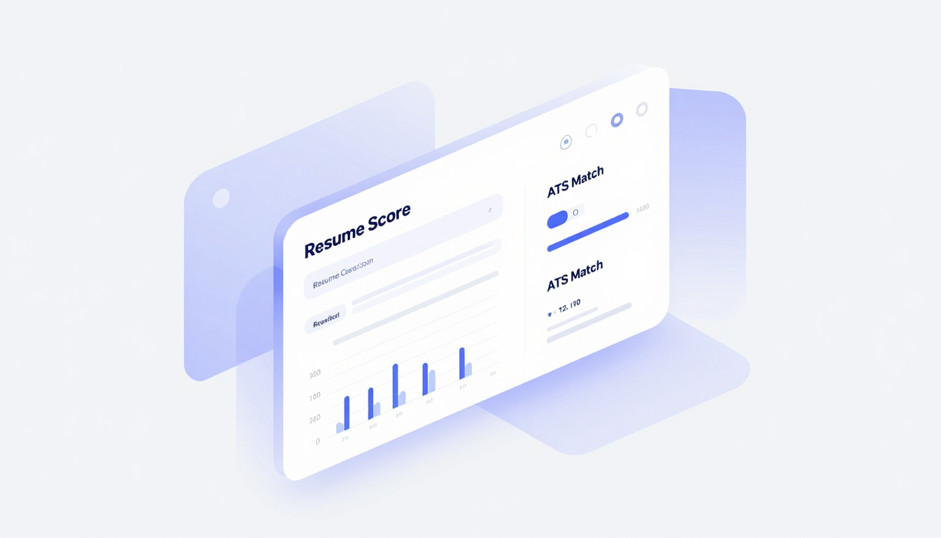 Isometric high-fidelity UI dashboard preview, bright studio lighting with soft violet backlights, showing Resume Score and ATS Match metrics with clean geometric lines, minimal vector style.