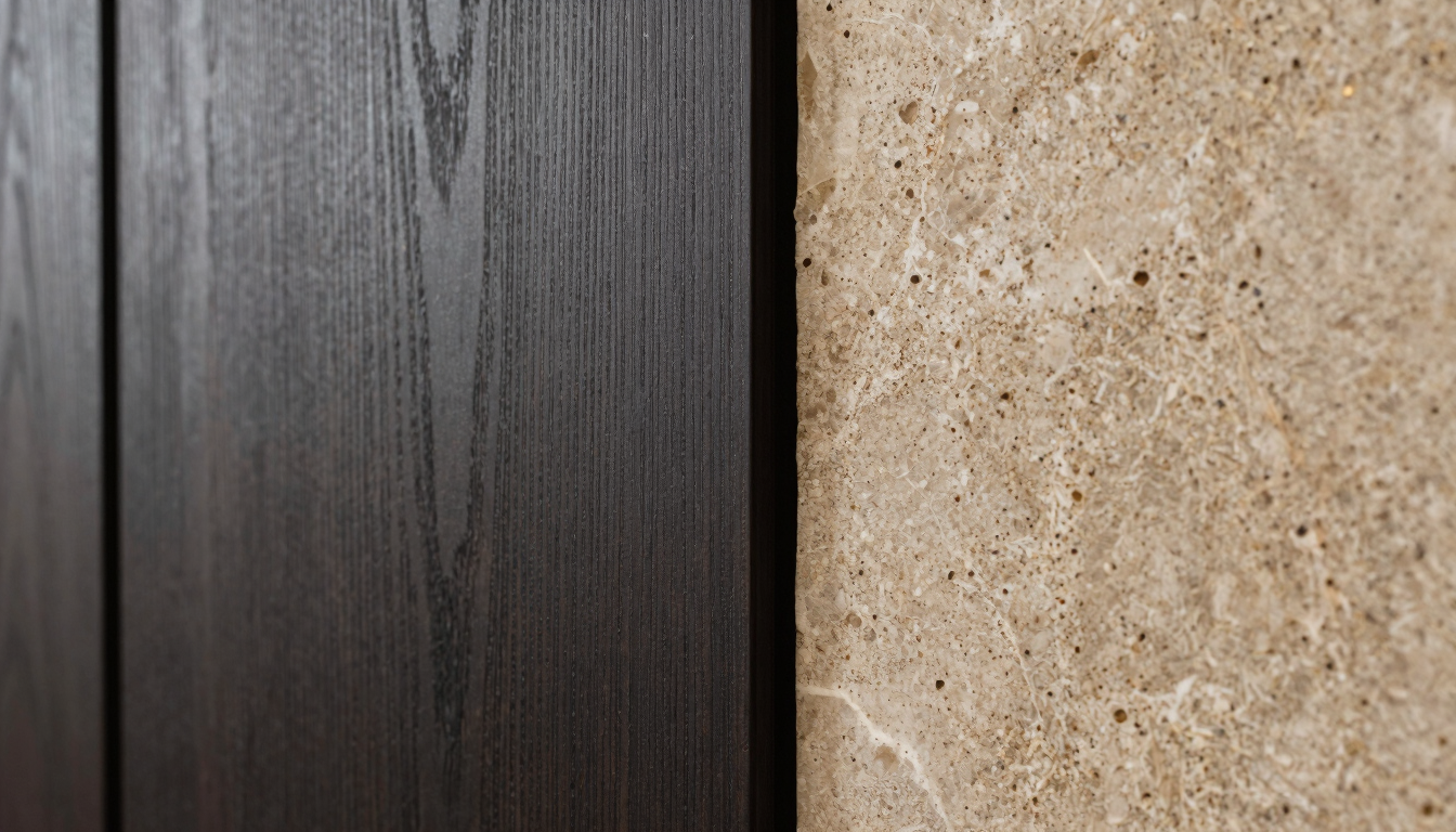 Close-up of premium textured materials, dark oak panels and natural stone in a modern Frankfurt villa, soft side-lighting.