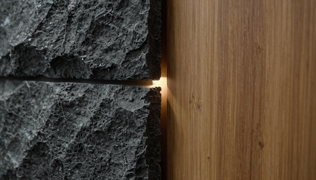 Extreme close-up of a dark textured basalt stone wall meeting a warm oak wood panel, a subtle, razor-thin slit of warm light emerging from the joint.