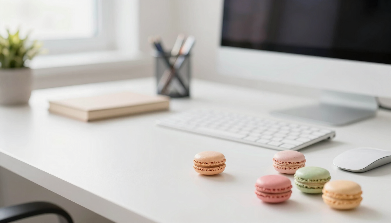 Bright high-key editorial photograph of a modern, neatly organized office desk in Des Moines with pastel macaron accents, soft natural daylight, 35mm