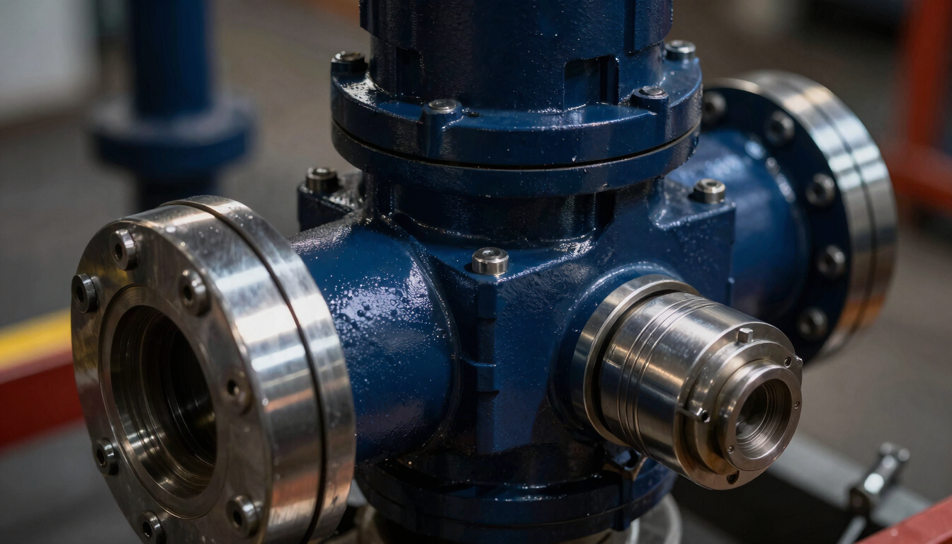 Macro close-up of a heavy hydraulic pump manifold, dramatic side-lighting emphasizing metallic reflections and clean edges, deep industrial navy and steel tones.