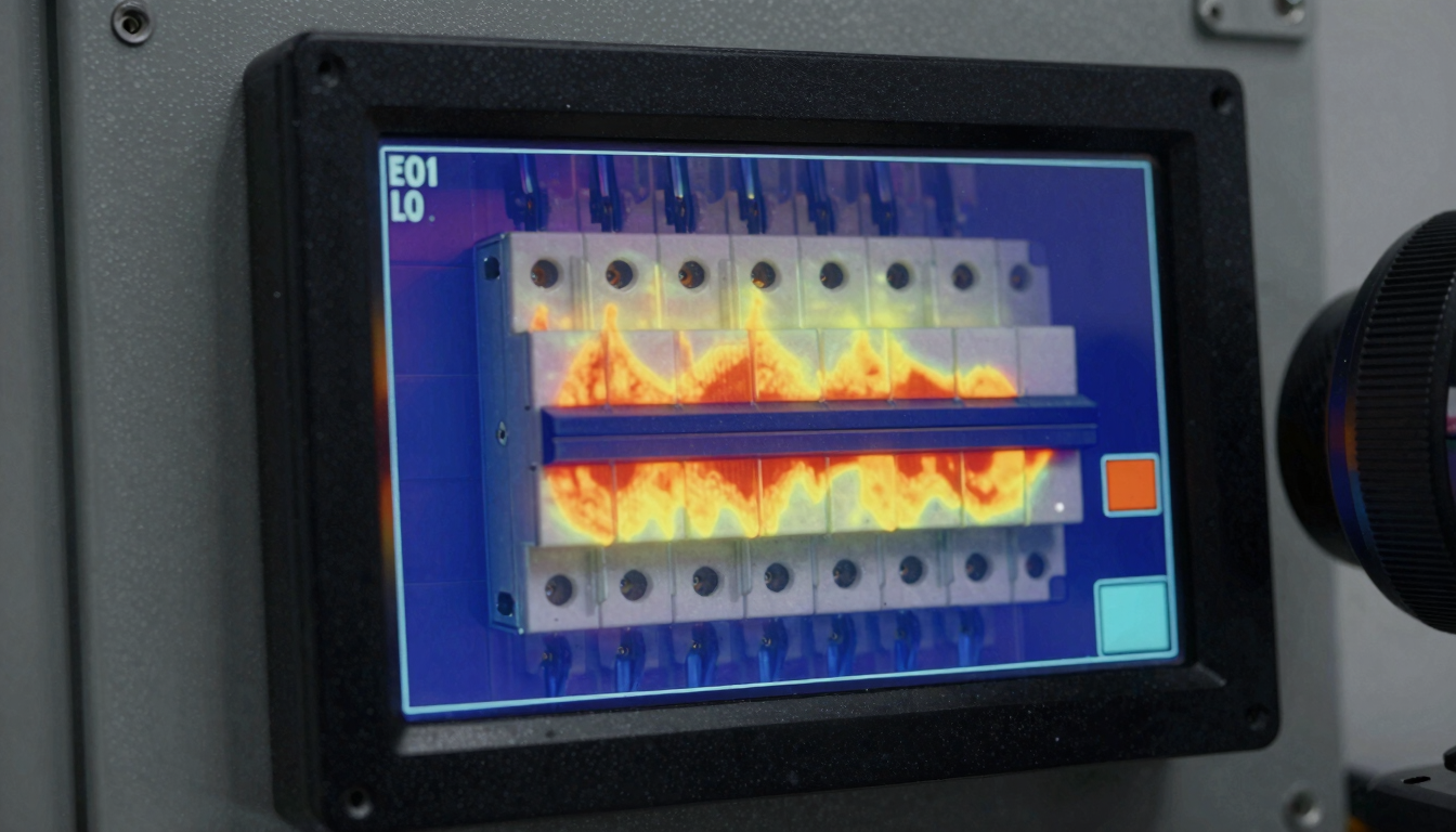 Thermal imaging camera screen showing heat signatures of a breaker panel, high-contrast utility lighting