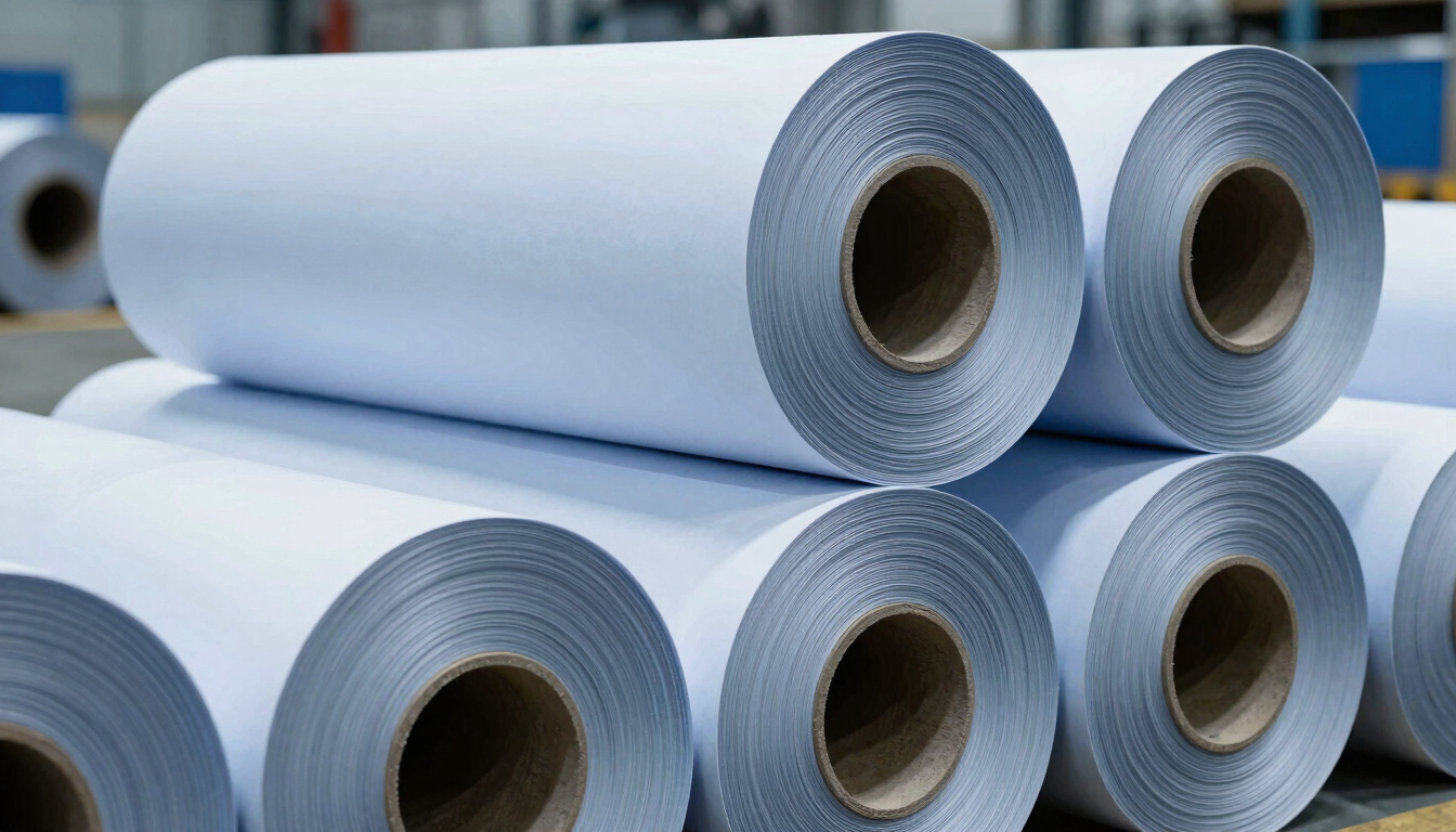 Close-up of massive raw paper jumbo rolls stacked in a clean, brightly lit industrial warehouse, high contrast, blue and graphite tones.
