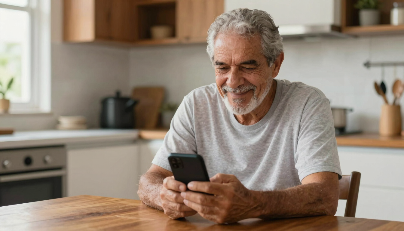 A respectful, candid medium shot of a retired Brazilian man sitting at a wooden kitchen table, smiling gently while looking at his mobile phone in bright natural daylight.