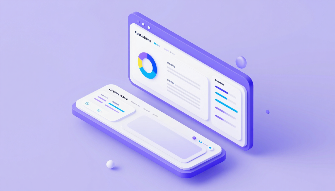 Isometric 3d render of a sleek software dashboard with lavender ambient lighting, clean UI mockups, and sharp cyan accents.