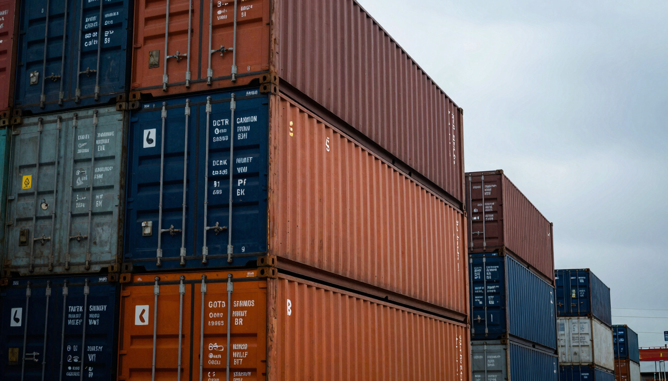 Close-up of industrial shipping containers stacked high in an overcast shipping yard, dramatic low-light port environment, sharp focus.