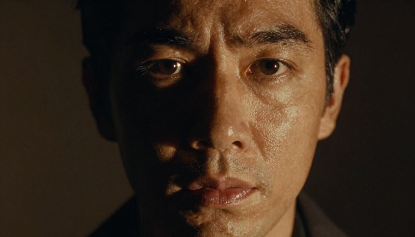 Extreme close-up of an actor with an intense expression under dramatic sodium-vapor lighting, rich shadows, moody cinematic film photography