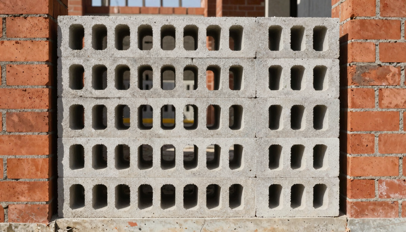 Straight-on technical shot of a Termoblock wall under construction, showing the large 0.5m x 1m block scale compared to traditional red bricks on the side, harsh midday shadows