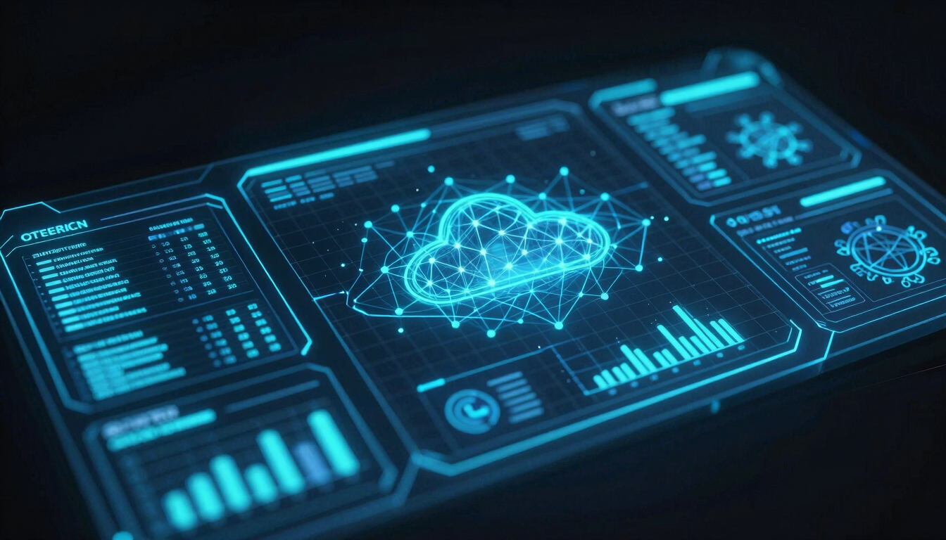 Sleek holographic dashboard displaying business analytics, cybersecurity grids, and cloud network nodes, glowing electric blue and cyan vector accents, dark obsidian background, cinematic 3D render