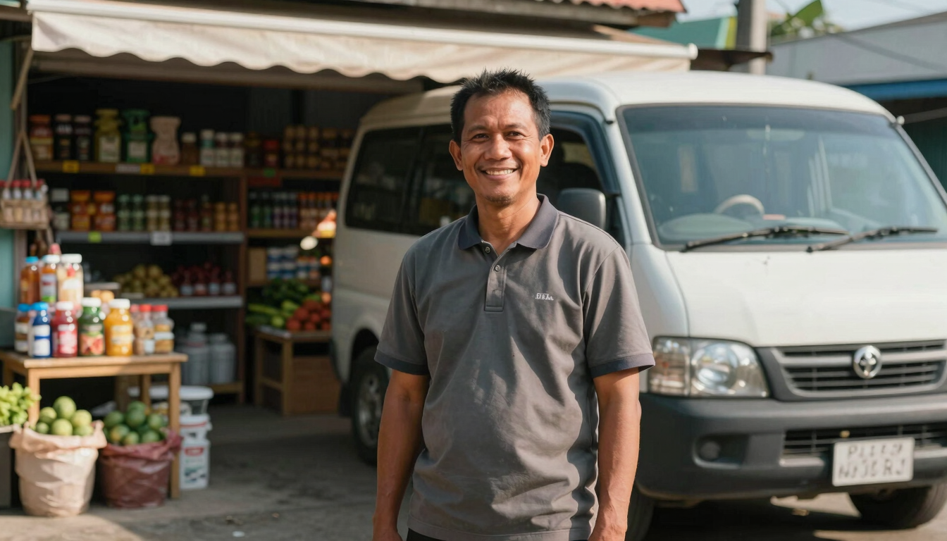 An Indonesian micro-entrepreneur smiling proudly in front of his local grocery shop with his delivery van parked beside him, bright morning sun, eye-level medium shot.