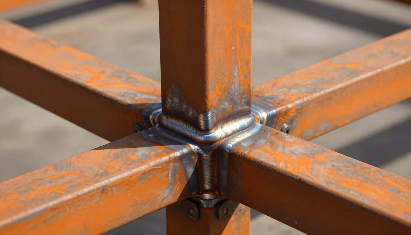 Close-up shot of a freshly welded structural steel joint on a carport frame, showing the raw, unpolished weld texture and bright orange primer paint, direct sunlight highlighting the metallic grain.