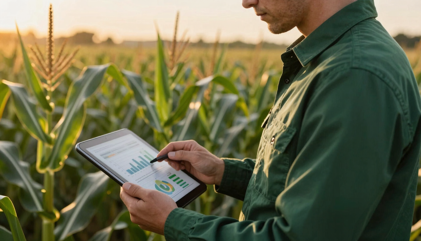 A close-up portrait of a professional agricultural manager in a clean green shirt, holding a tablet displaying analytical charts, standing in a lush cornfield during golden hour.