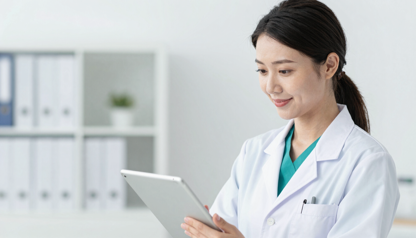 Portrait of a professional female doctor in a white coat looking at a tablet with a gentle smile, bright clean clinic background, shallow depth of field.