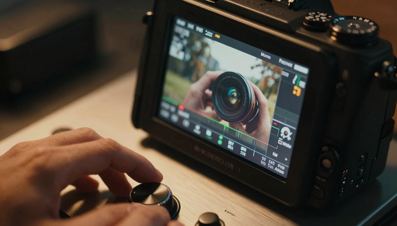Extreme macro close-up of a premium camera monitor displaying live video editing, hands adjusting a dial on a brushed metal console, warm amber accent lighting.