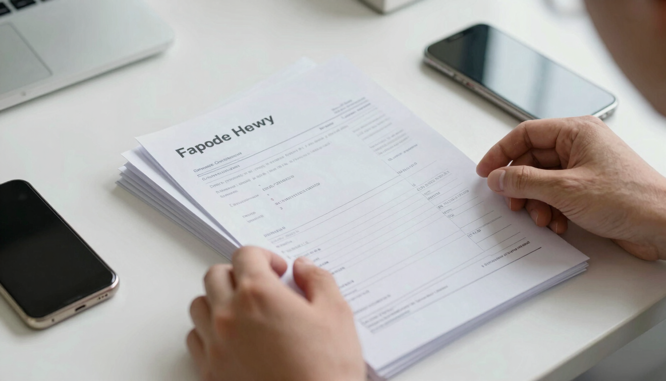Close-up of hands organizing paper invoices and receipts on a clean blueprint-patterned desk next to a smartphone, natural bright daylight.