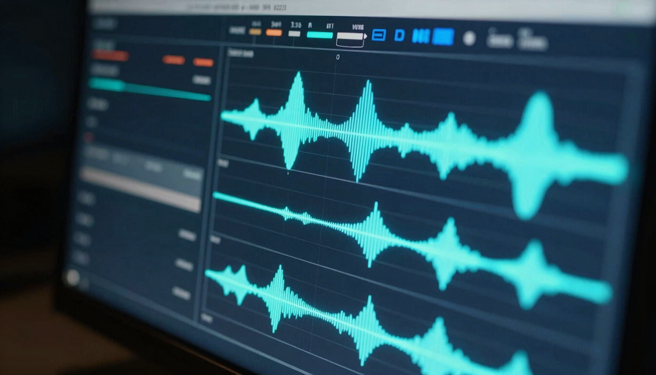 Macro shot of a high-end digital video timeline on a monitor, neon cyan audio waveforms, dark studio environment, professional post-production