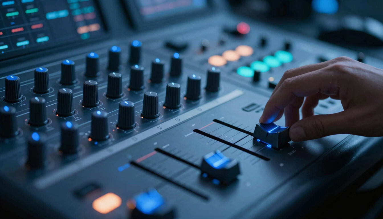 Sleek close-up of a professional color grading console with glowing blue dials, a hand adjusting the wheels, soft cyan ambient light, technological depth of field.