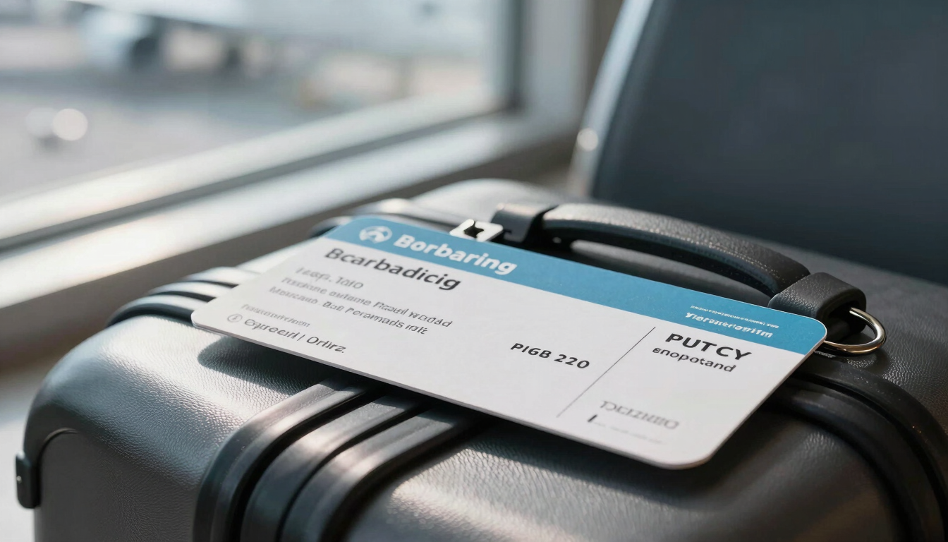 Macro shot of a modern boarding pass and a luggage tag resting on a sleek airport terminal seat, dramatic side light from a large window.