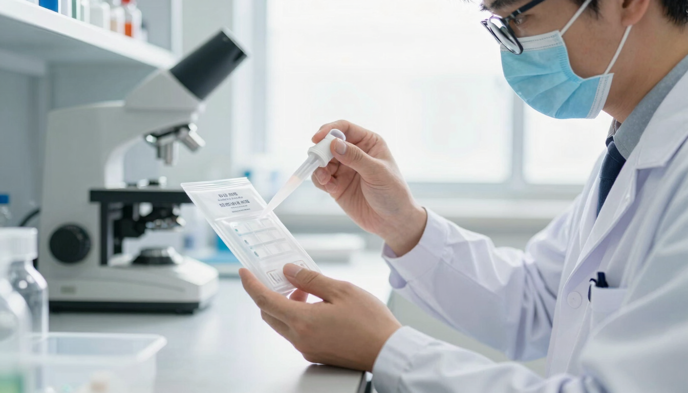 A professional lab technician in a clean white coat carefully handling a sealed sterile home collection kit under bright natural light.
