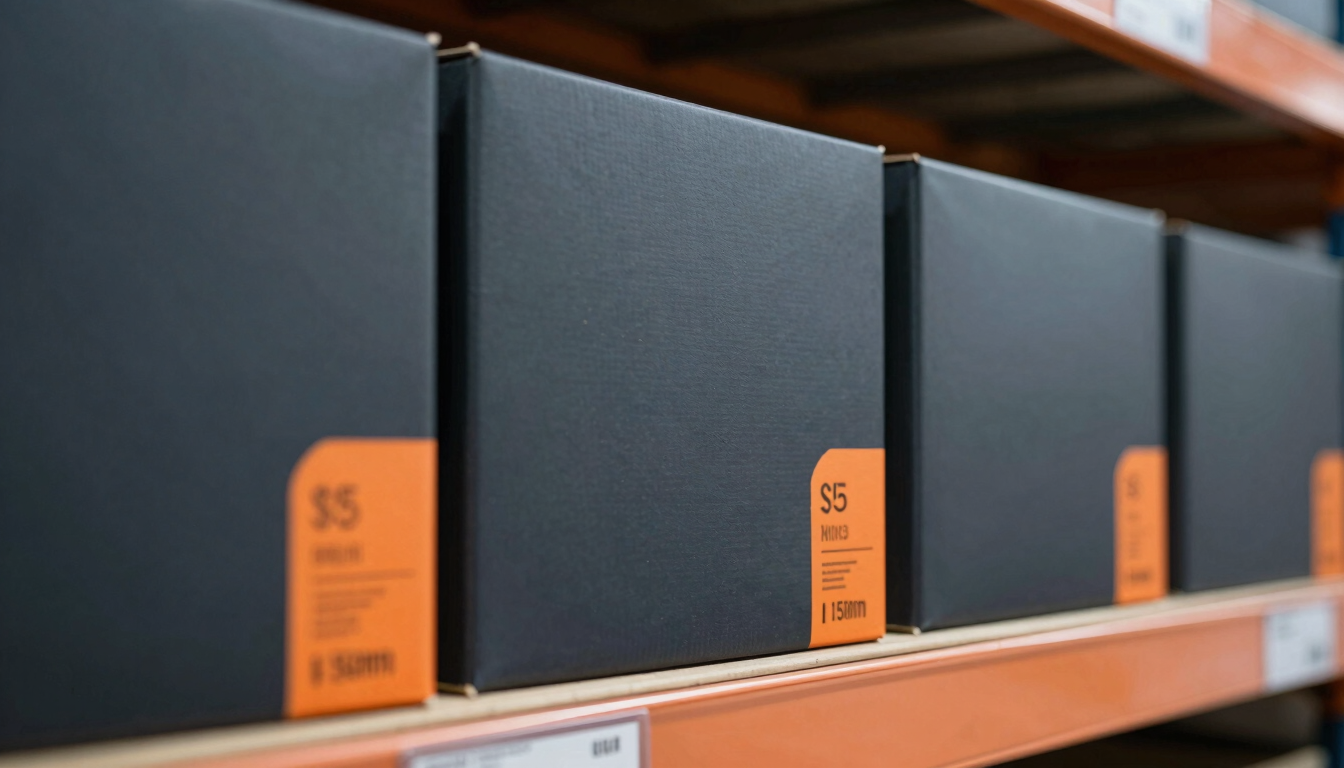 Macro close-up of organized product boxes on industrial shelving, crisp cool-toned warehouse lighting, high-end minimalist composition, 35mm.