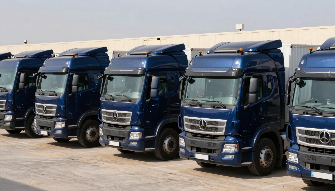A modern fleet of clean transport trucks branded in subtle navy blue, parked neatly in a bright, daylight-filled Iraqi logistics hub, sharp focus.