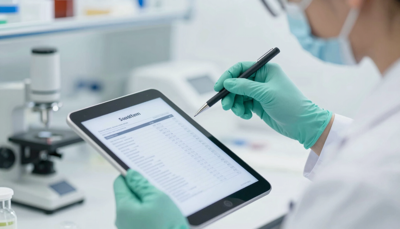 Close-up of a professional food scientist in a clean laboratory environment analyzing a product label on a tablet, bright clinical white light, sharp focus, 50mm lens.