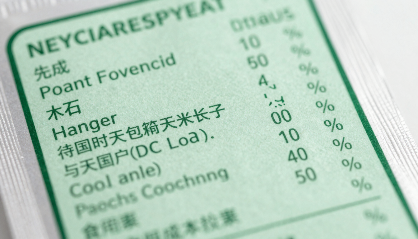 Macro shot of a clean food packaging label with detailed ingredient lists being analyzed under bright laboratory lighting, desaturated green tones, sharp focus.