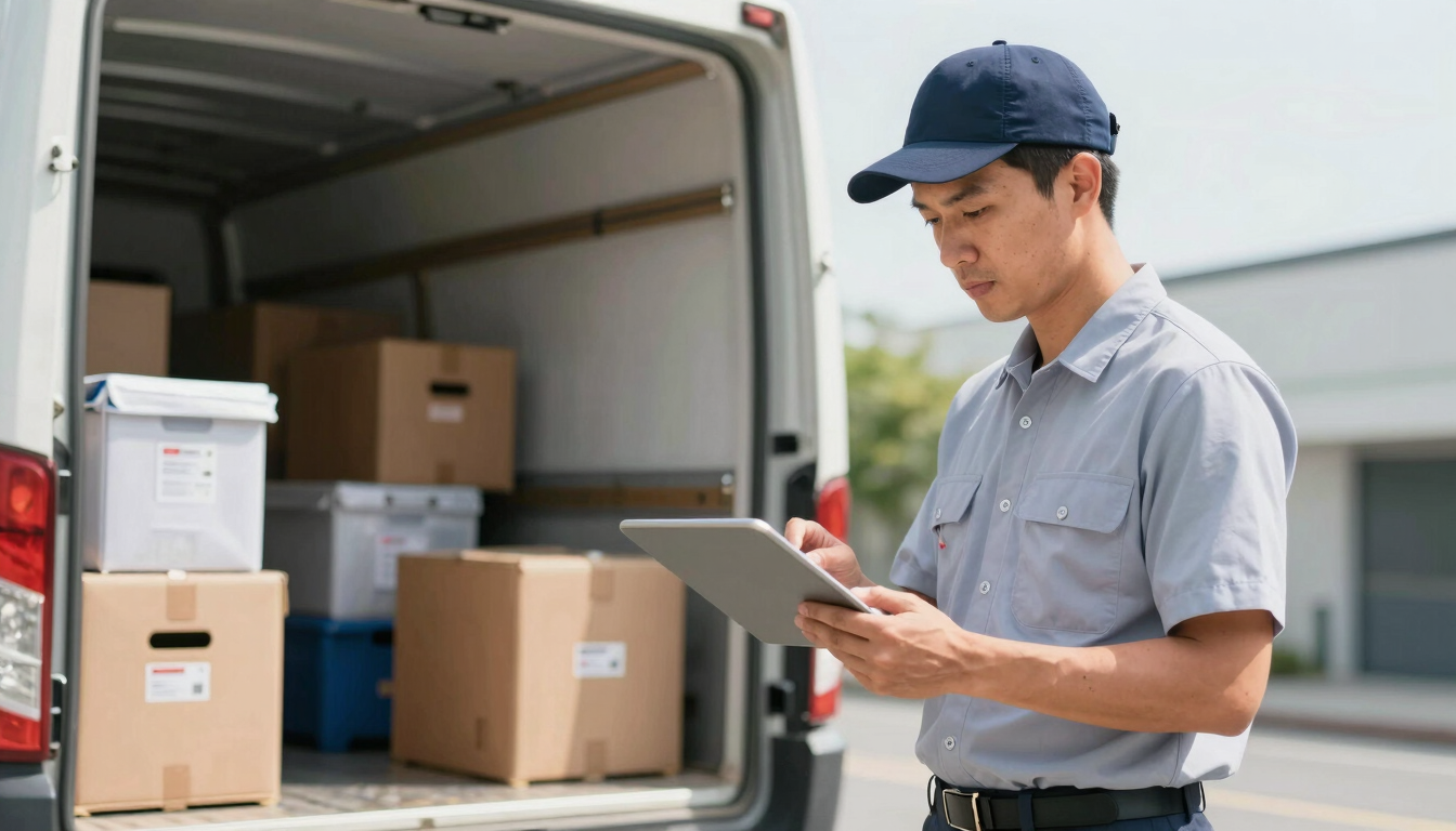 A professional supervisor in a neat uniform holding a tablet, checking off inventory items next to an organized moving truck, bright daylight.